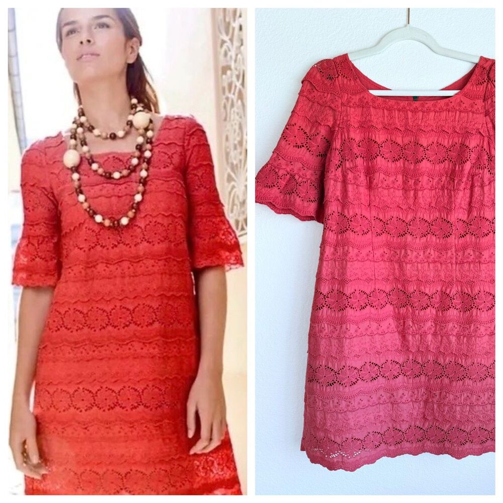 Anthropologie Moulinette Soeurs Dazzling Lights Lace Eyelet Dress in Coral Red